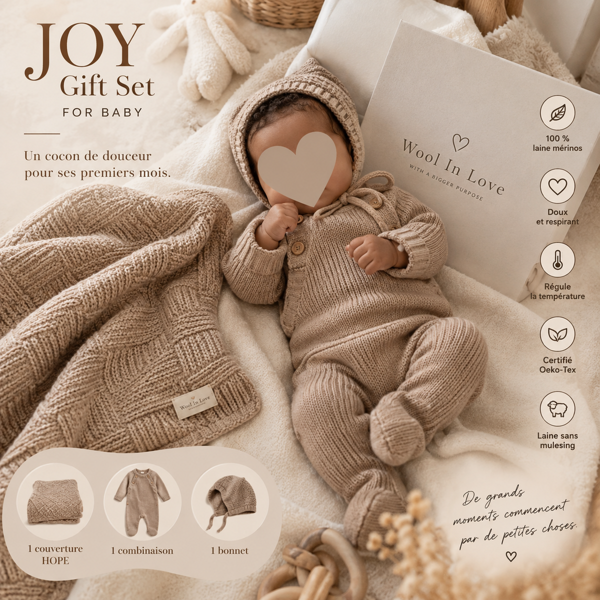 Coffret naissance JOY en laine mérinos.